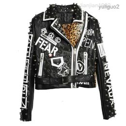 2023Black Leopard Leather Jacket Women 2018 Autumn Winter Fashion Turn-down Collar Punk Rock Studded Jackets Ladies Coats