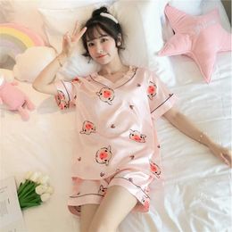 Women's Sleepwear Pyjamas Women Summer in Ice Silk Shortsleeved Twopiece Suit Net Red Hot 2021 Cartoon Ladies Home Service Pyjamas