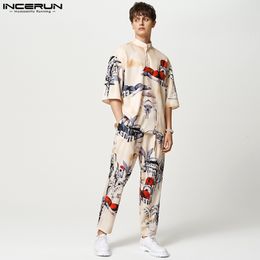 Men's Tracksuits Men Sets Printing Streetwear Loose Stand Collar Half Sleeve Shirt Elastic Waist Pants 2PCS Men Casual Suits S-5XL INCERUN 230425