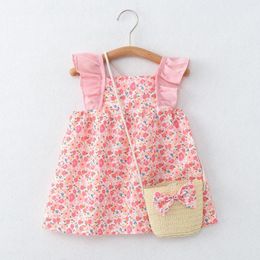Girl Dresses Toddler Girls Dress Sleeveless Floral Skirt Bow Cute Sweet Suspender Princess With Bag