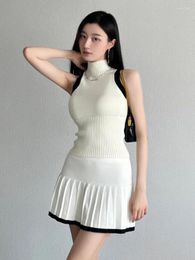 Work Dresses Girls Sweet Knitted Two Piece Set For Women Sexy Vest High Waist Pleated Skirt Sets Elegant Fashion Sweater 2 Suits