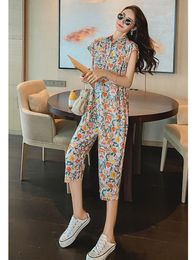 Women's Jumpsuits Rompers Women Jumpsuits Vintage Floral Print Rompers Summer Casual Cross-pants Overalls Jumpsuit Wide Leg Loose Fashion Jumpsuit Female 230426