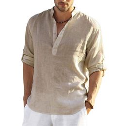 Mens Linen Long Sleeve Shirt Solid Color Casual Long Sleeve Cotton Linen ShirtsTops Hemp Shirt