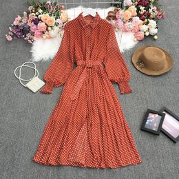 Casual Dresses Spring Polka-dotted Sleeved Chiffon Long Pleated Dress Elegant Collar Sinlge-breasted Belted Dots A-line Skirts