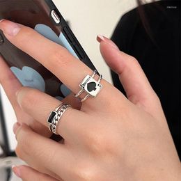 Cluster Rings MEETSOFT 925 Sterling Silver Black Poker Heart Geometric Block Opening Ring For Women Hip Hop Fashion Fine Jewellery Drop