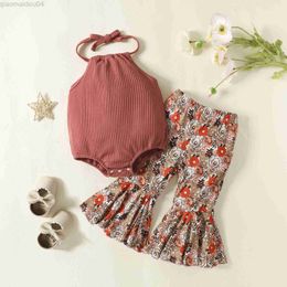 Clothing Sets Infant Baby Girl Summer Clothes Set Solid Ribbed Sleeveless Halter Neck Romper + Floral Print Elastic Waist Flare Pants AA230426
