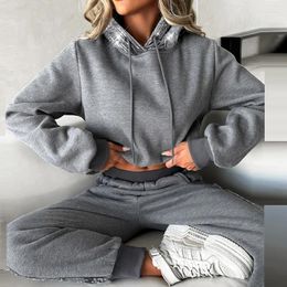 Women's Two Piece Pants Fashion Sequins Hooded Sweatshirt & Long Outfits Women High Street Sleeve Solid Suit Elegant Tracksuits Loose 2Pc