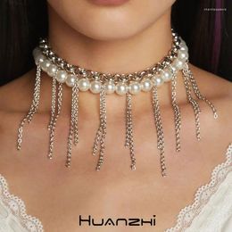 Chains Double -layer Metal Tassel Chain White Pearl Necklace For Women Girl Trendy Punk Jewellery Gift HUANZHI 2024