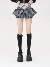 Skirts 2023Japanese Ribbon High Waist Denim Skirt Pleated Retro Y2k Girl A-Line Hip Miniskirt Korean Fashion Clothing