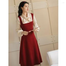 Casual Dresses Preppy Style Knitted For Women Red French Retro Sweater Vestidos Chic Lady Korean One-Piece Dress Autumn Clothes