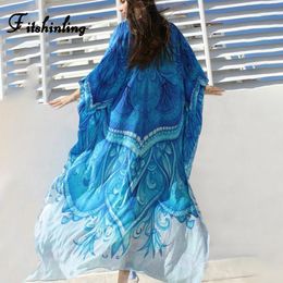 Dress Fitshinling Large Size Cape Swimwear Wrap Beach Dress Boho Print Batwing Sleeve Maxi Dresses Women 2021 Summer Robe Pareos Sale