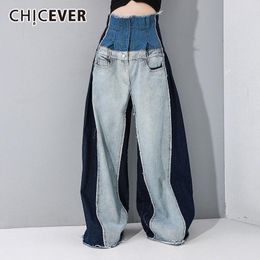 Capris Chicever Blue Trousers for Women High Waist Pockets Hit Color Large Size Patchwork Denim Wide Leg Pants Female 2021 Fall Clothes