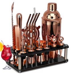 Bar Tools 20Pcs/Set Rose Gold Bartender Kit Cocktail Shaker Set With Rotating Acrylic Stand For Mixed Drinks Martini Home Bar Kitchen Tool 231124