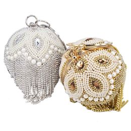 Evening Bags Golden Silver Beaded ball With tassel Wedding Party Handbags Crystal Clutch Chain Shoulder bags 230426