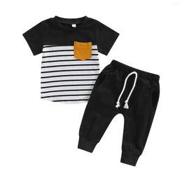 Clothing Sets 2023 0-4Y Casual Kids Baby Boy Patchwork Striped Print Pocket Short Sleeve Top Harem Pants Summer Toddler Outfits 2pcs