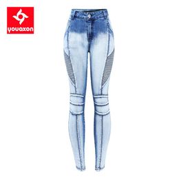 Jeans 2236 Youaxon New Arrived EU Size Motor Biker Jeans Woman 5 Pockets Stretch Bleach Wash Skinny Denim Pants For Women