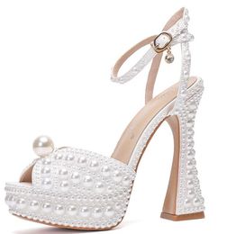 Summer Sacaria Dress Wedding Shoes Pearl-Embellished Satin Platform Sandals Elegant Women White Bride Pearls High Heels Ladies Pumps EU36-43 HEELS 14CM