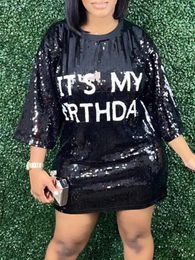 Dresses LW Plus Size Mini Dress Sequined Letter Print Drop Shoulder Straight ONeck Shiny Style Women Sexy Female Birthday Party Clubwear