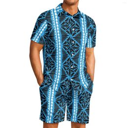 Men's Tracksuits Polynesian Tribal Tongan Totem Tattoo Tonga Prints Mens Style Lapel Comfort Breathable Short Sleeve Shorts Blue Sports Suit