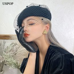 Berets USPOP Womens Hats Winter Thick Wool Berets Adjustable Size Solid Color Vintage Mesh Yarn Beret Hat 230426