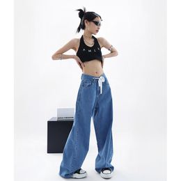 Jeans Summer Blue Vintage High Waist Drawstring Jeans Fashion Thin Baggy Wide Leg Pants Street Straight Mopping Denim Trouser Ladies