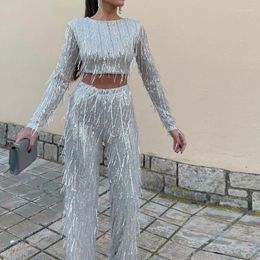 Women's Two Piece Pants Elegant Sequin Tassel Party Outfits Fashion O-neck Crop Tops And Straight Pant Suit Women Casual Long Sleeve Solid