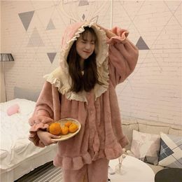 Women's Sleepwear Pyjamas Fall/winter Yukata Ladies Long-sleeve Flannel Korean Sweet Princess Thick Warm Home Service 2PCS Underwear