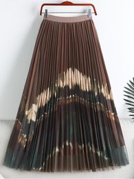 Dresses TIGENA Women Tulle Long Skirt Spring Autumn Vintage Aesthetic Print A Line High Waist Pleated Maxi Mesh Skirt Female Brown Green