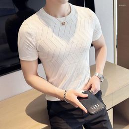 Men's T Shirts 2023 Mens Stripe Shirt Stretch Slim Fit Lapel Short Sleeve Knit T-Shirt Summer Casual Fashion Business Social Tees S-3XL