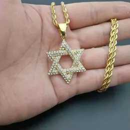 Chains 1pcs Hip Hop Rhinestone Gold Colour Stainless Steel Necklaces Jewish Star Of David Hexagram Pendant Necklace For Men Rapper