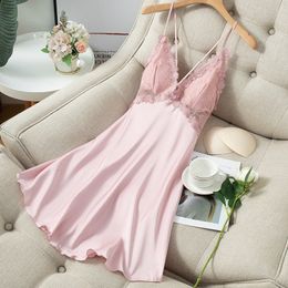 Sexy Pyjamas Spaghetti Strap Nightgown Sexy Women Nightdress Casual Nightwear Intimate Lingerie Sexy Homewear Lace Satin Home Clothing 230427