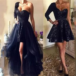 2024 Luxury Black Sequin Mini Prom Homecoming Dress Sweetheart One Shoulder Detachable Train High Low Formal Birthday Party Gown Robe De Soiree