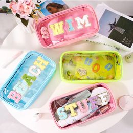Cosmetic Bags Case Girls Nylon Waterproof Glitter Chenille Letter Transparent Clear Preppy Patch Makeup Stuff Pouch Bag 231127