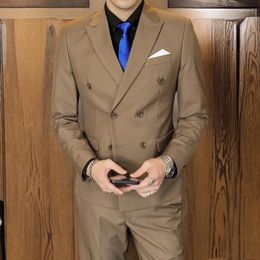 Men's Suits Khaki Blazer Notched Lapel Double Breasted Regular Length Elegant Full Set Formal 3 Piece Jacket Pants Vest