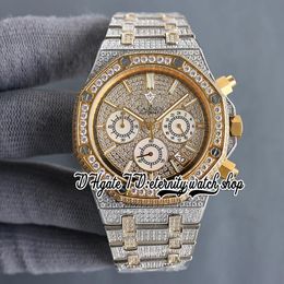 SF sf26473 Japan Miyota Quartz Chronograph Movement Mens Watch Yellow Gold Bezel Iced Out Diamond Dial Stick Markers Two Tone Diamonds Bracelet eternity Watches