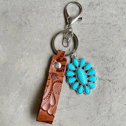 Keychains 2023 Vintage Embossed Keychain Western Style Turquoise Pumpkin Flower Cactus Pendant Textured Leather Jewellery