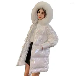 Women's Trench Coats Coat Bling Wet Look Winter Women Cotton Fluffy Hooded Long Sleeve Thicken Warm Female Loose Casual Overcoat Trendy