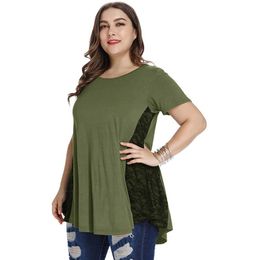 T-Shirt Big size Summer Woman Tshirt Loose short sleeve Solid Lace tshirts female Fat MM plus size women clothing large size tops