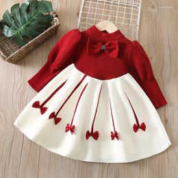 Girl Dresses FOCUSNORM 3 Colours Kids Autumn Winter Sweet Dress 2-7Y Long Puff Sleeve Knitted Bowknot A-Line Sweater