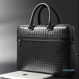 2023-Men Bags Mini Briefcase Handbags Leather Laptop Bag Cowskin Genuine Leather Woven Commercial Business Men's Bags Small size