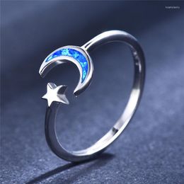 Cluster Rings Cute Moon Star Opening Adjustable For Women 925 Sterling Silver Wedding Jewelry White Blue Fire Opal Engagement Ring Gift