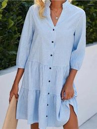 Casual Dresses Vintage Plaid Shirt Dress Women Autumn Pink Blue Long Sleeve Midi Sundresses Ruffled Splic Plus Size Party For Woman