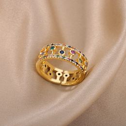 Band Rings Colourful Crown Rainbow Rings For Women Stainless Steel Gold Colour Zircon Ring Wedding Aesthetic Birthday Jewellery bijoux femme AA230426