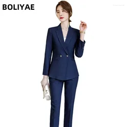 Women's Two Piece Pants Boliyae Autumn Winter Professional Suits Long Sleeve Striped Blazers For Women Office Business Formal Jacket