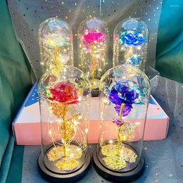 Decorative Flowers 2023 LED Enchanted Galaxy Rose Eternal 24K Gold Foil Flower With Fairy String Lights In Dome For Christmas