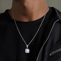 Pendant Necklaces Men Stylish Geometric Square Stone Necklaces 15mm Shell Pendant with Box Chain Casual Male Boy Neck Collar Gifts Jewelry 230426