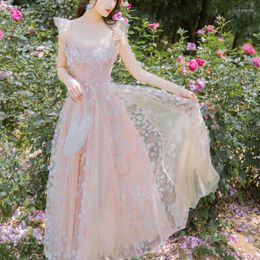 Casual Dresses Lace Mesh Square Neck Sequins Pink Sweet Fairy Dress Elegant Maxi Fashion Party Robe Femme