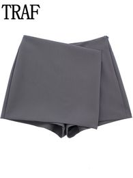Skirts TRAF 2023 Grey Shorts High Waist Wrap Short Y2K Streetwear Asymmetric Skort Spring Fashion Casual Pants 230426
