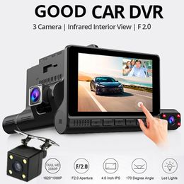 4 pollici HD 1080P 3 obiettivo DVR per auto Videoregistratore Dash Cam Smart G-Sensor Telecamera posteriore 170 gradi grandangolare Ultra risoluzione Anteriore con interno con telecamera posteriore