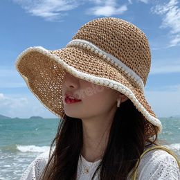 Fashion Pearls Summer Women Straw Hats Beach Bucket Hat Soft Foldable Wide Brim Outdoor Ladies Panama Cap